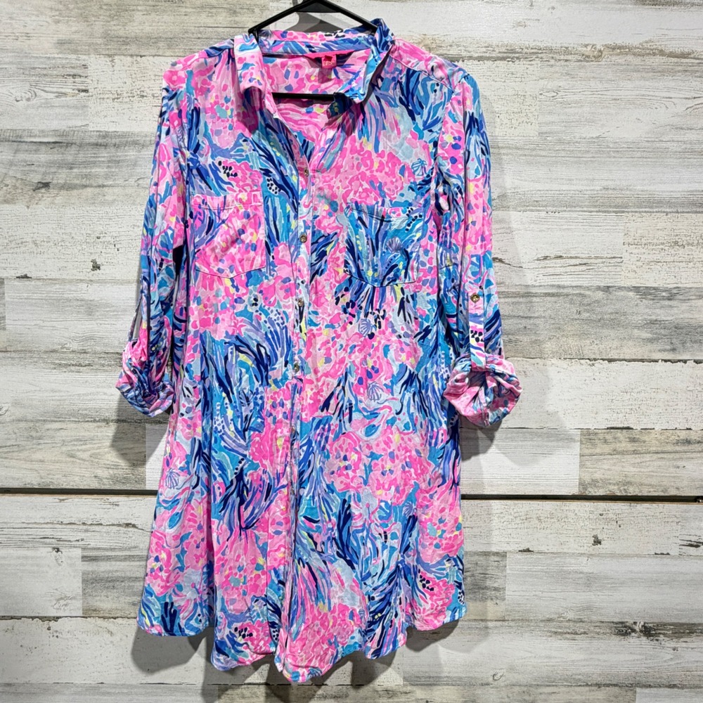 Lilly Pulitzer Button Down Tunic Women Medium Pink Blue Floral Rayon Preppy EUC